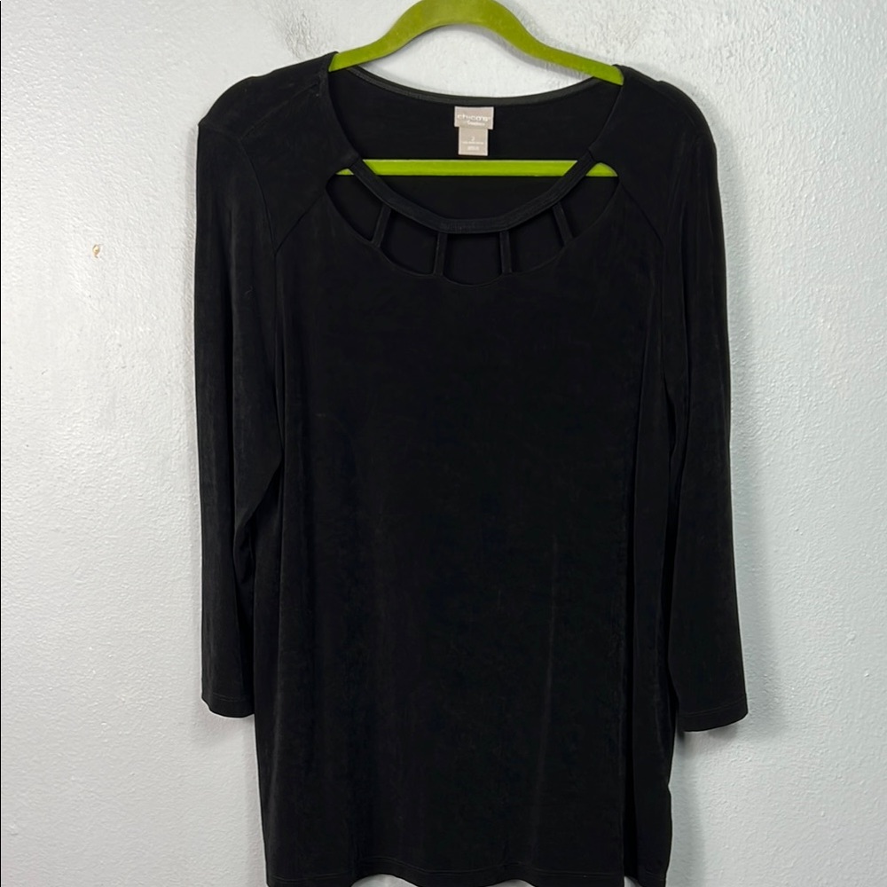 Chico’s Travelers Black Cut Out Neckline 3/4 Sleeve Tunic Top 12/14